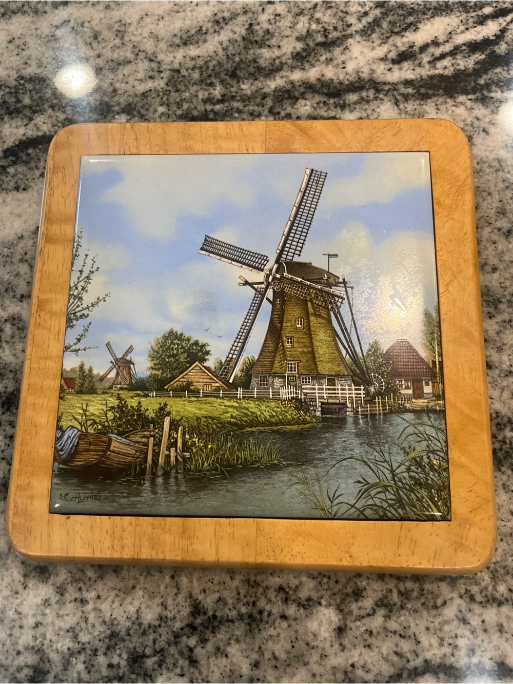Scenic Windmill Ceramic Tile Trivet with Wood Frame - Blue, Green, Brown